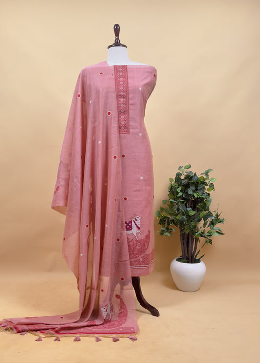 Peach Linen Chanderi Unstitched Suit With Pichwai Jamdani Weaving
