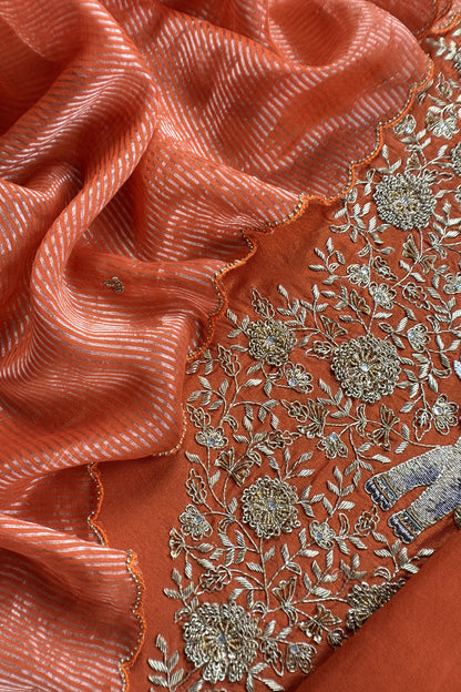 Rust Orange Pure Silk Suit With Tissue Silk Dupatta