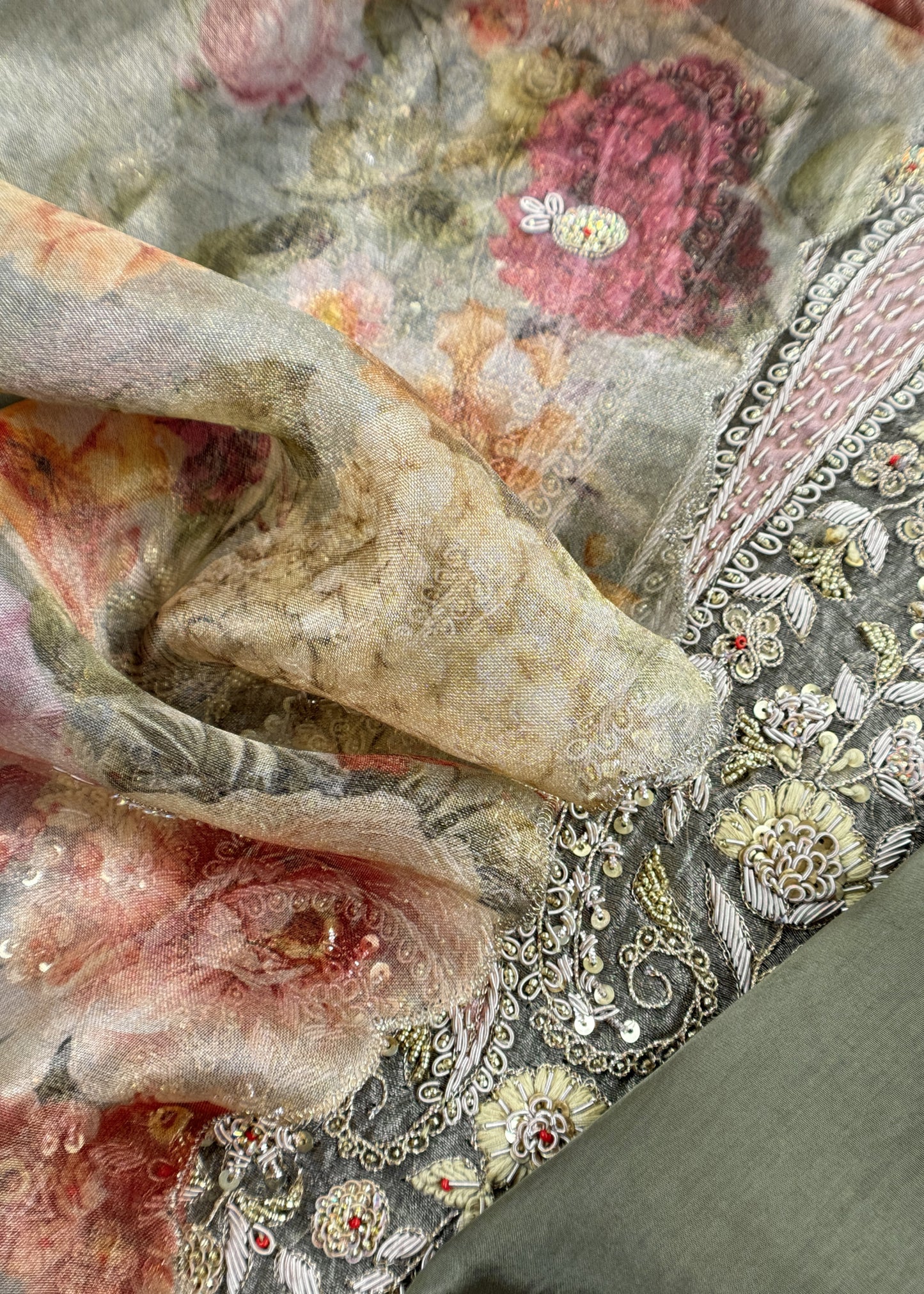 Olive Green Pure Crushed Tissue Kurta And Brush-Print Dupatta With Handwork