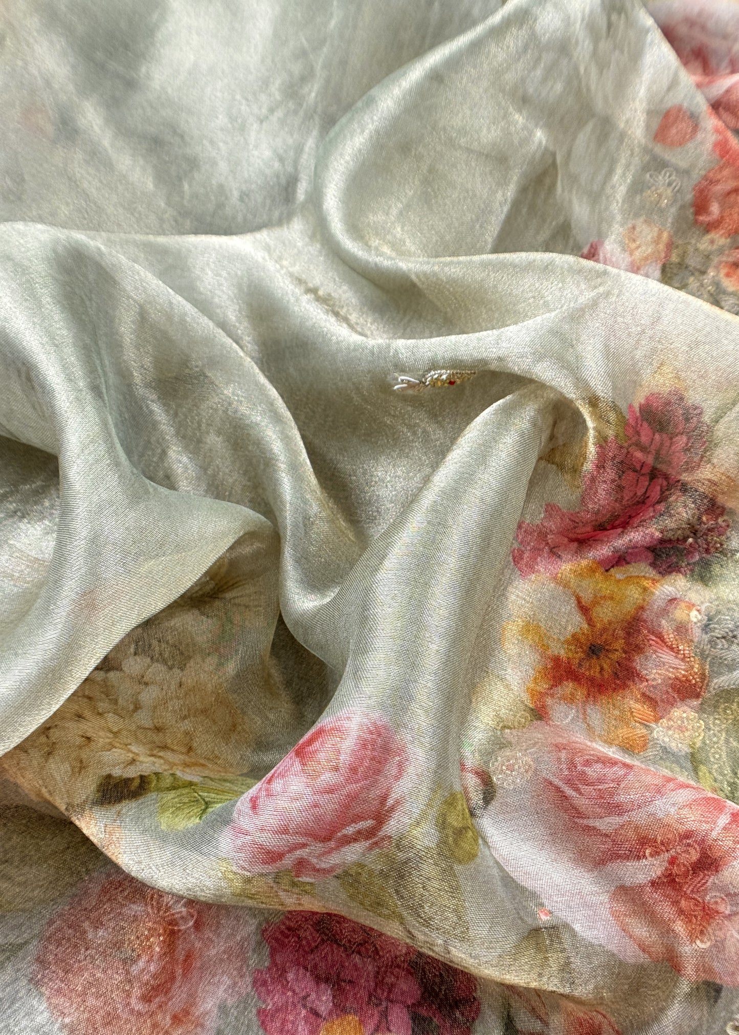 Olive Green Pure Crushed Tissue Kurta And Brush-Print Dupatta With Handwork