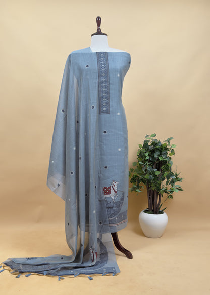Mustard  Linen Chanderi Unstitched Suit With Pichwai Jamdani Weaving
