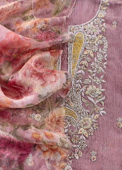 Light Pink Pure Crushed Tissue Kurta And Brush-Print Dupatta With Handwork