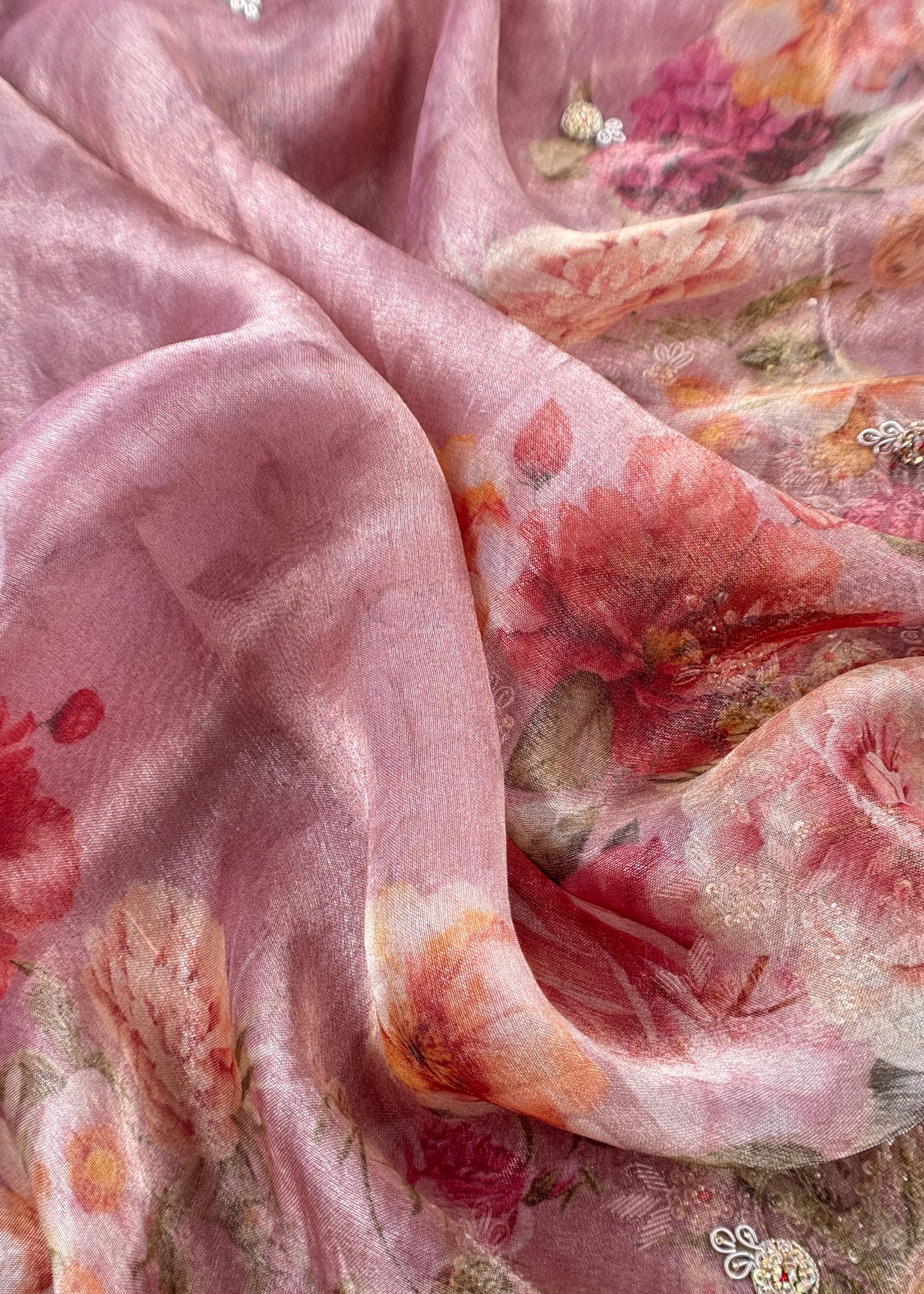 Light Pink Pure Crushed Tissue Kurta And Brush-Print Dupatta With Handwork