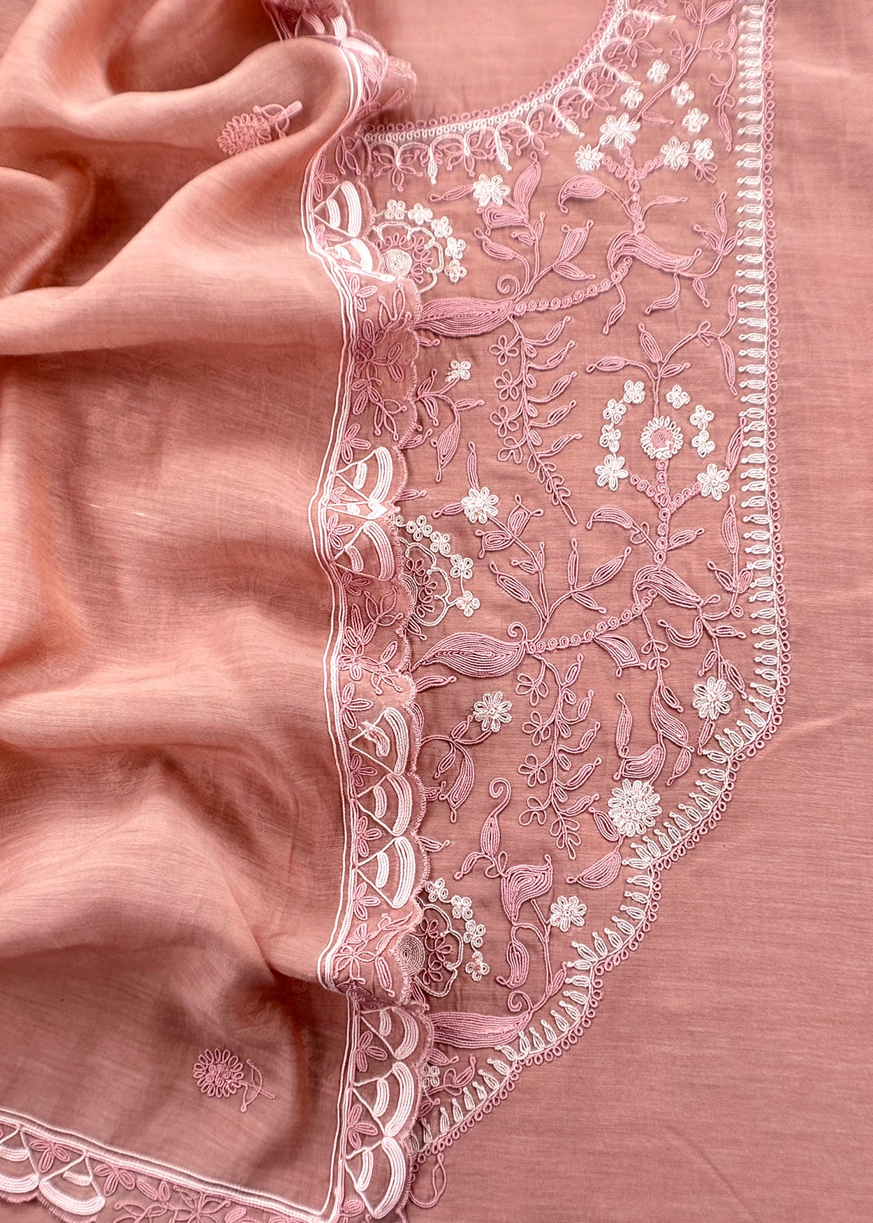 Peach Pure Mul Unstitched Suit With French Thread Embroider