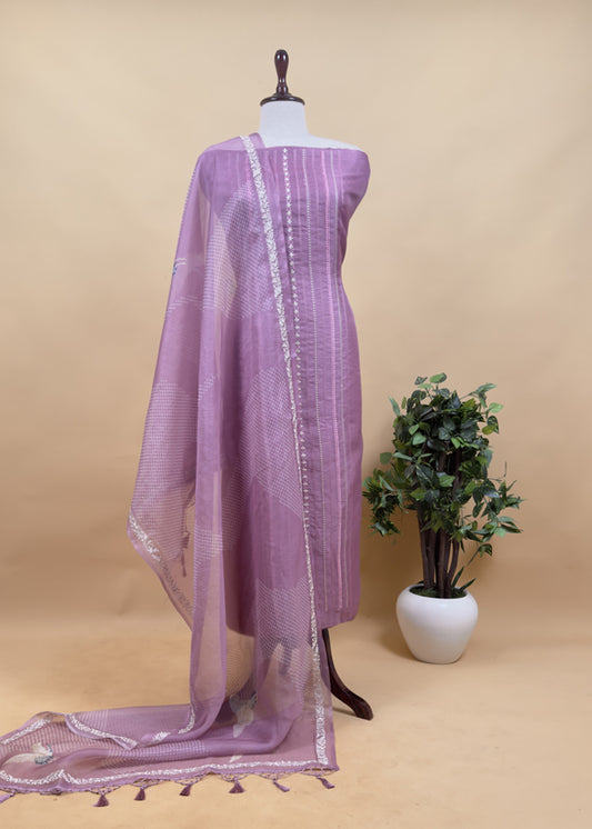 Handloom Organza Suit With Bandhani Print And Parsi Embroidery
