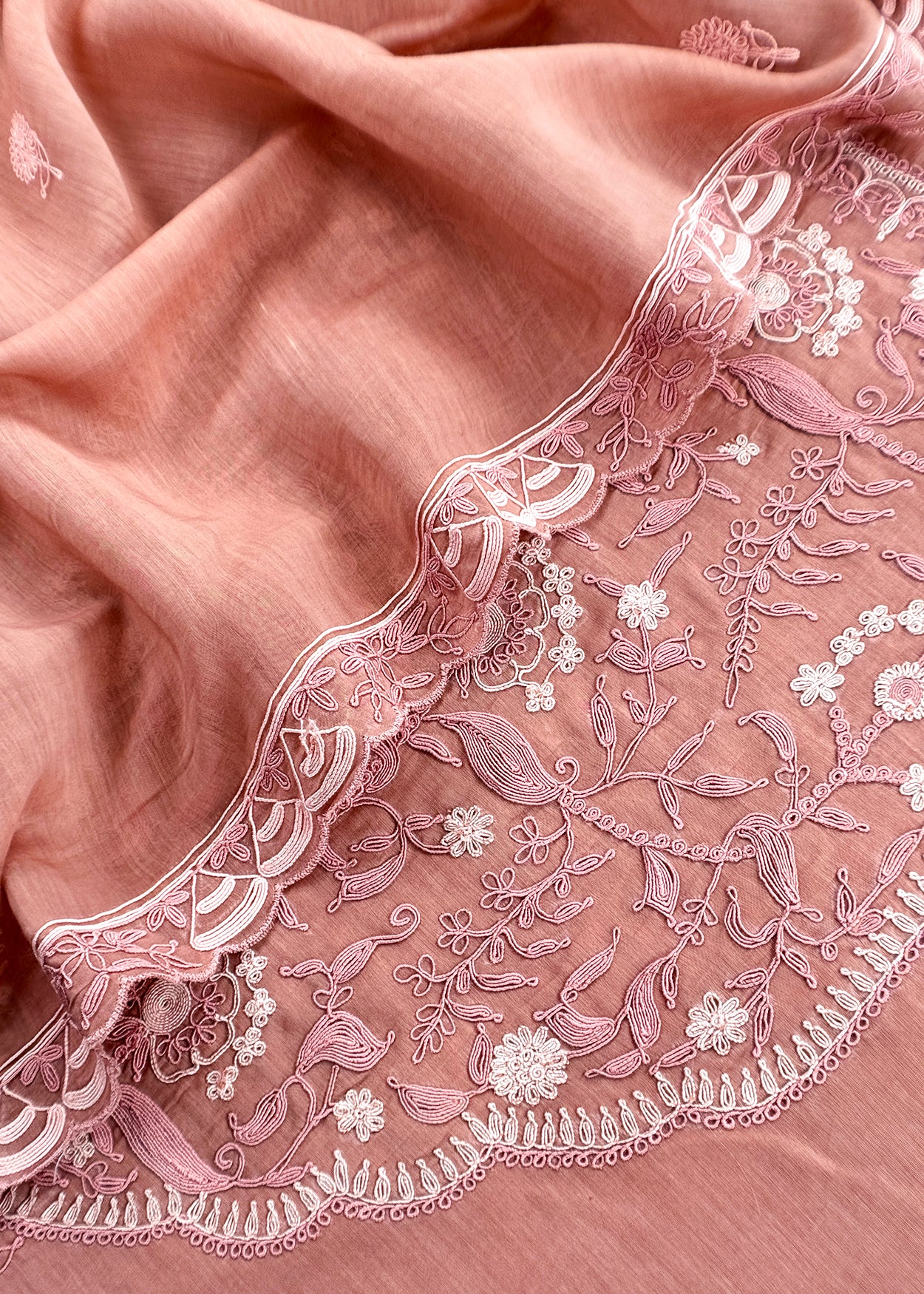 Peach Pure Mul Unstitched Suit With French Thread Embroider