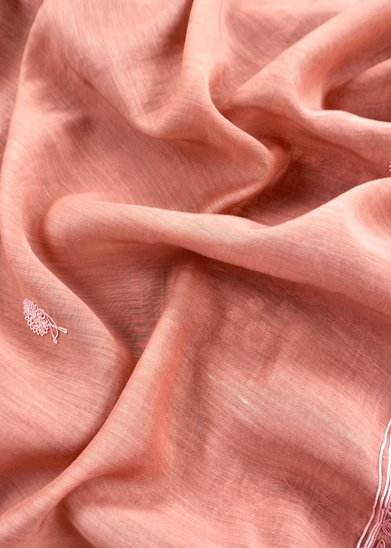 Peach Pure Mul Unstitched Suit With French Thread Embroider
