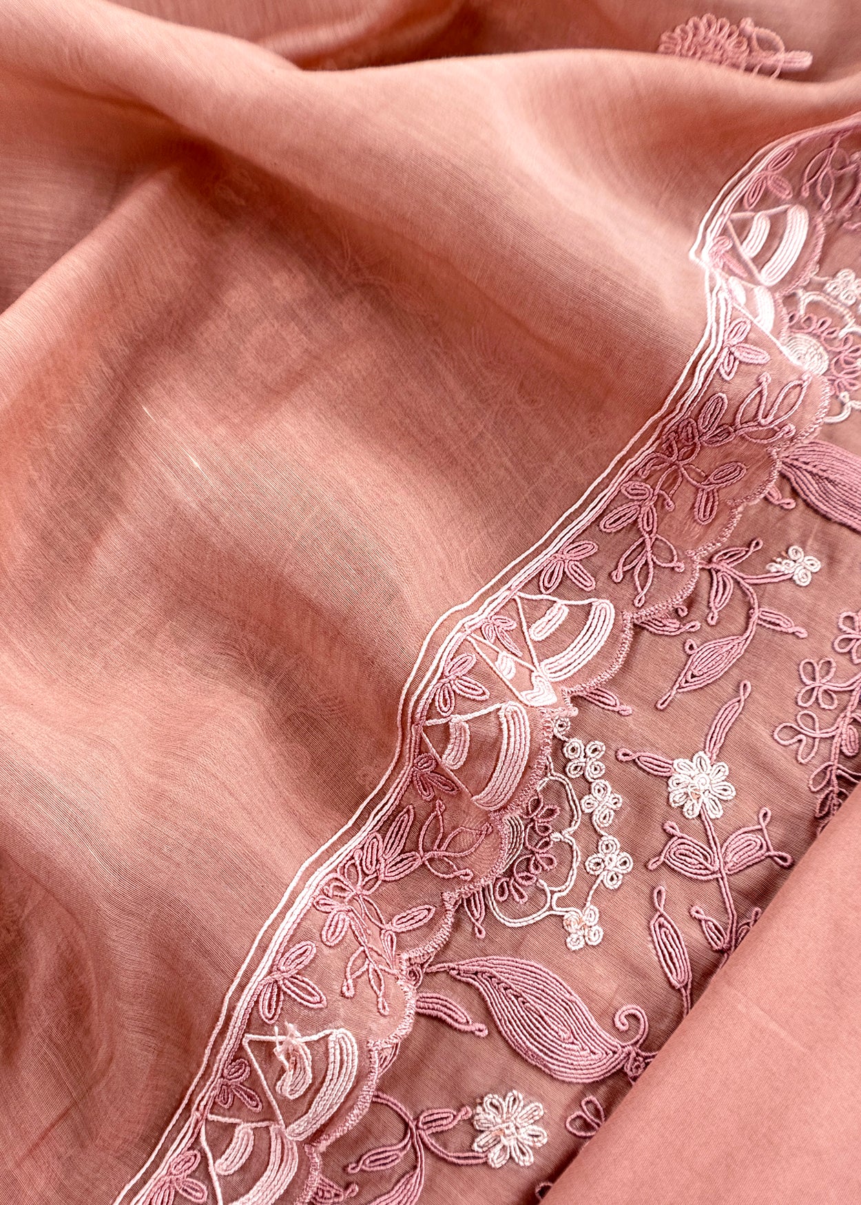 Peach Pure Mul Unstitched Suit With French Thread Embroider
