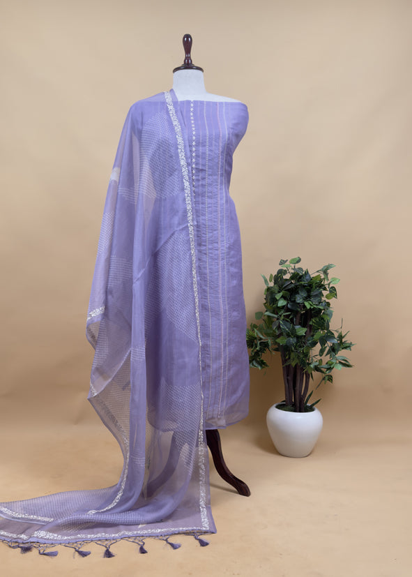 Handloom Organza Suit With Bandhani Print And Parsi Embroidery