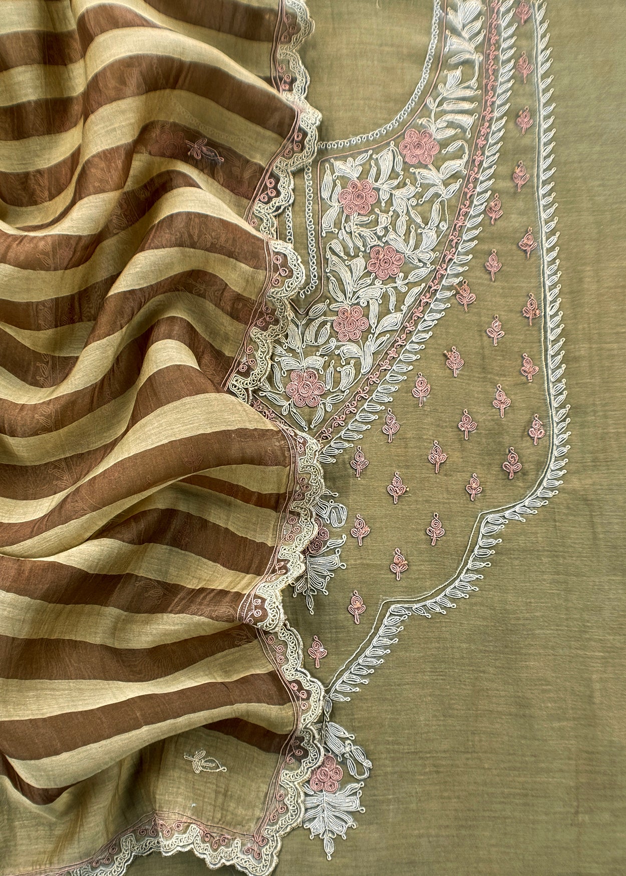 Mehandi Green Pure Mul unstitched Suit With French Thread Embroider