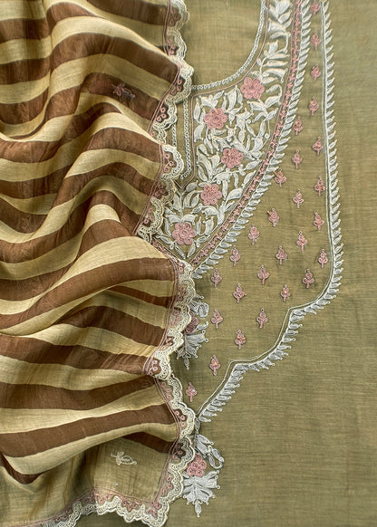 Mehndi Green Pure Mul unstitched Suit With French Thread Embroider