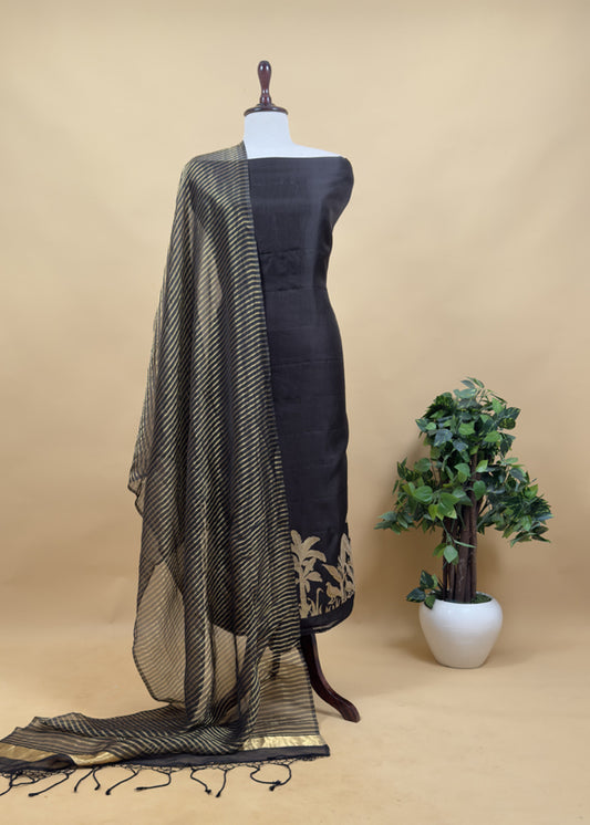 Kalasheel Luxe Black Kora Silk Kurta With Tissue Silk Dupatta With Tissue Appliqué Work