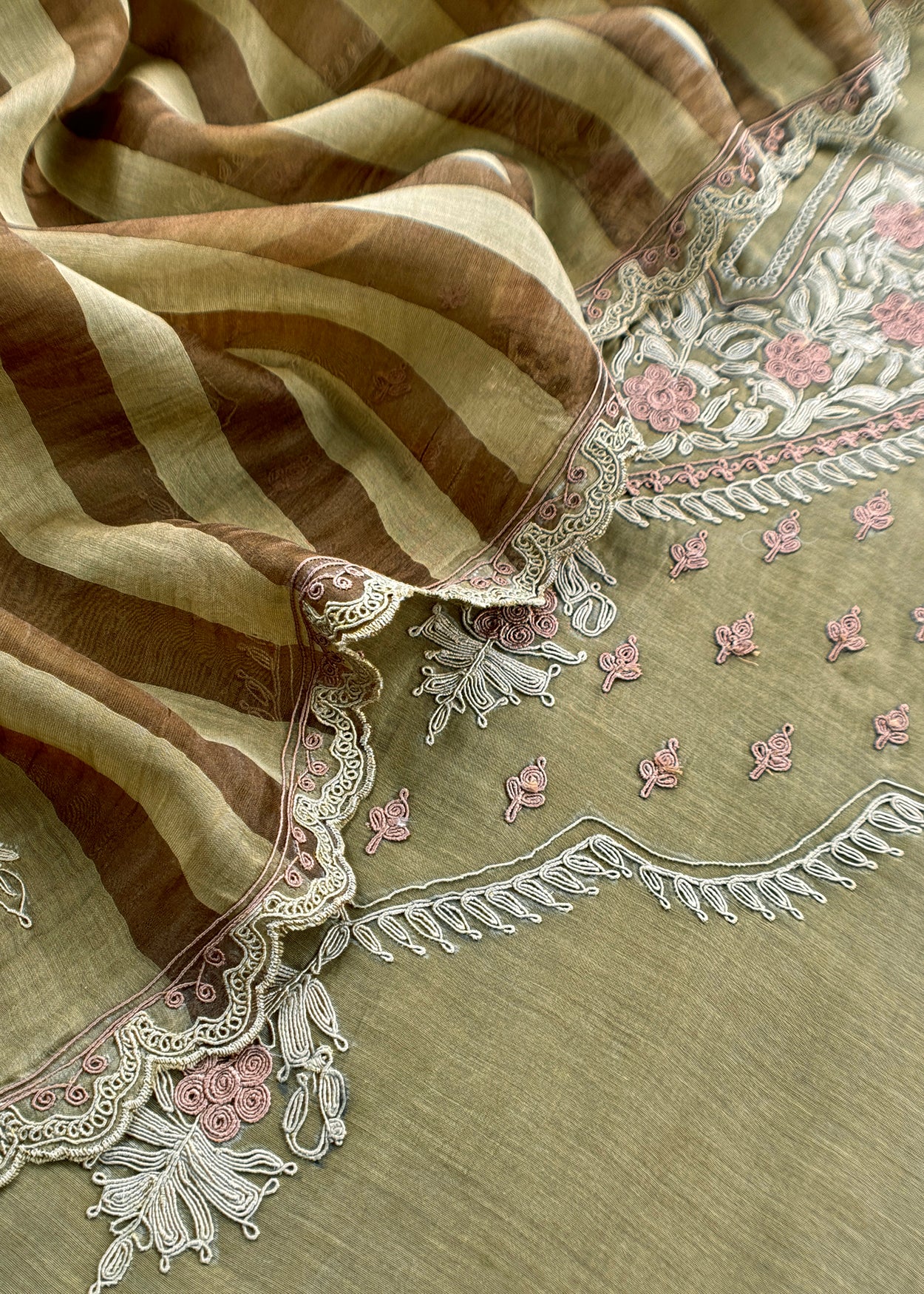 Mehandi Green Pure Mul unstitched Suit With French Thread Embroider