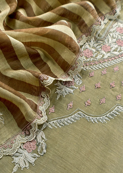 Mehndi Green Pure Mul unstitched Suit With French Thread Embroider
