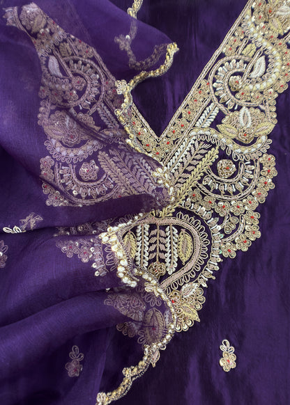 Purple Pura Silk Suit With Dori Handwork Embroidery