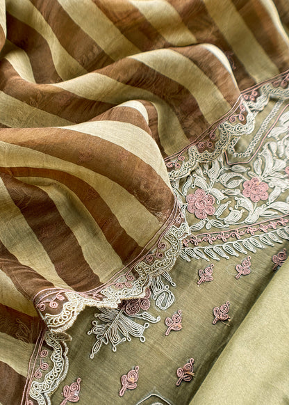 Mehndi Green Pure Mul unstitched Suit With French Thread Embroider
