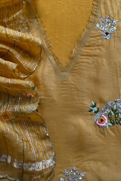 Yellow Handloom Kora Silk Suit With Dabka Embroidery
