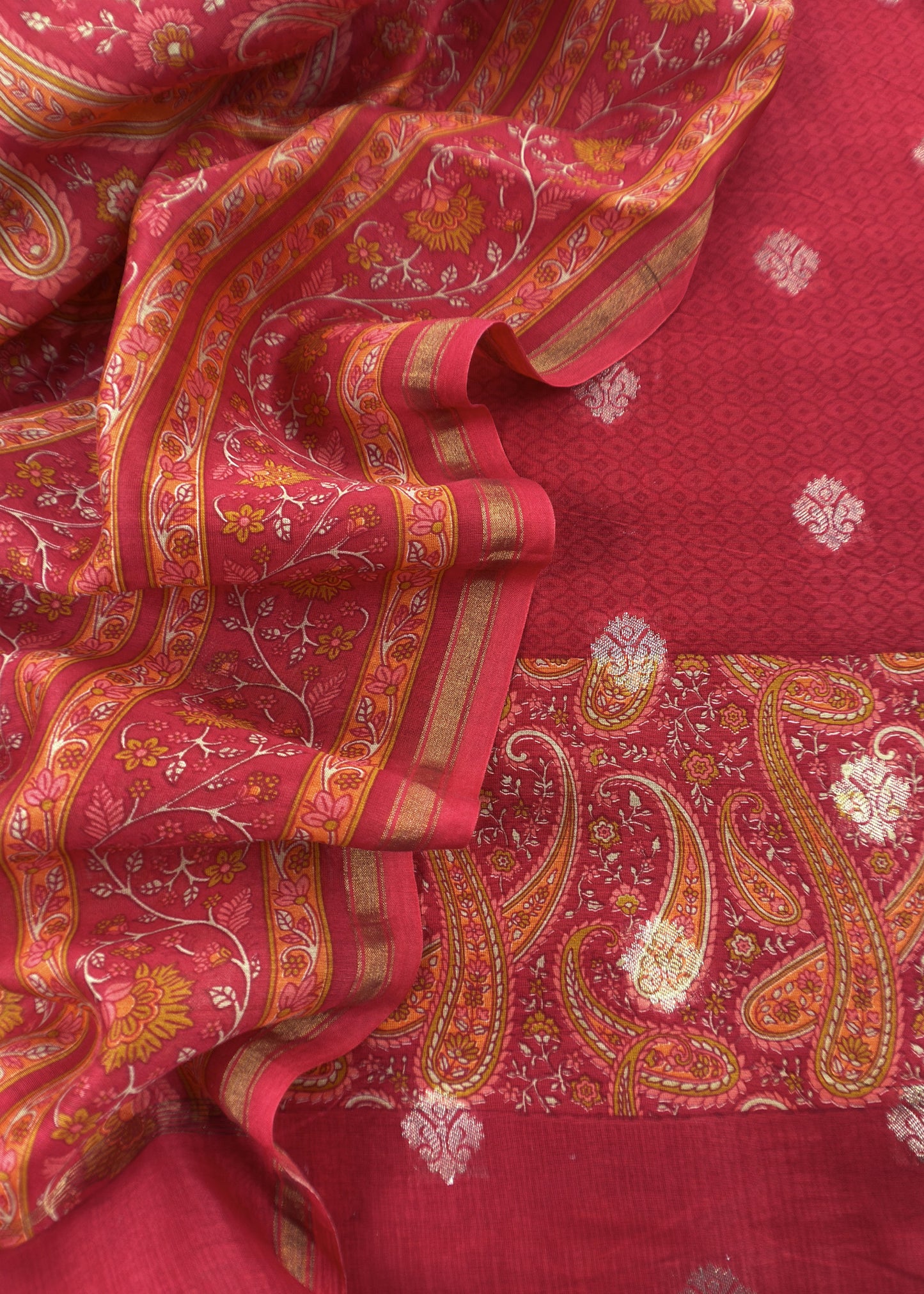 Red Maheshwari Silk Suit With Banarasi Bootis