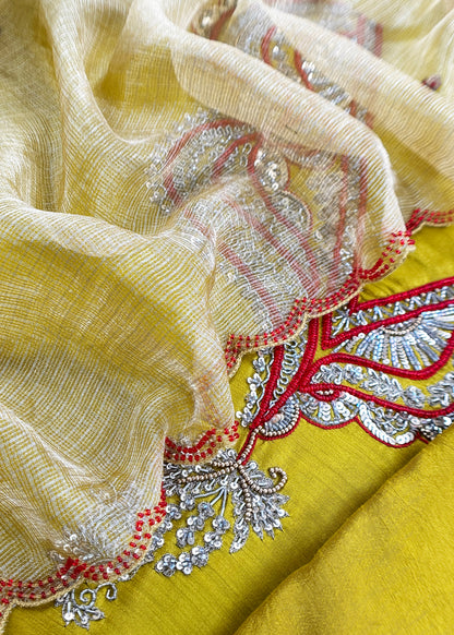Premium quality silk unstitched suit with tissue silk dupatta

