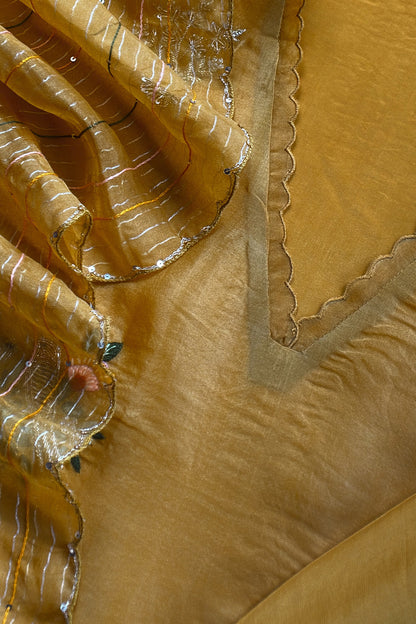Yellow Handloom Kora Silk Suit With Dabka Embroidery