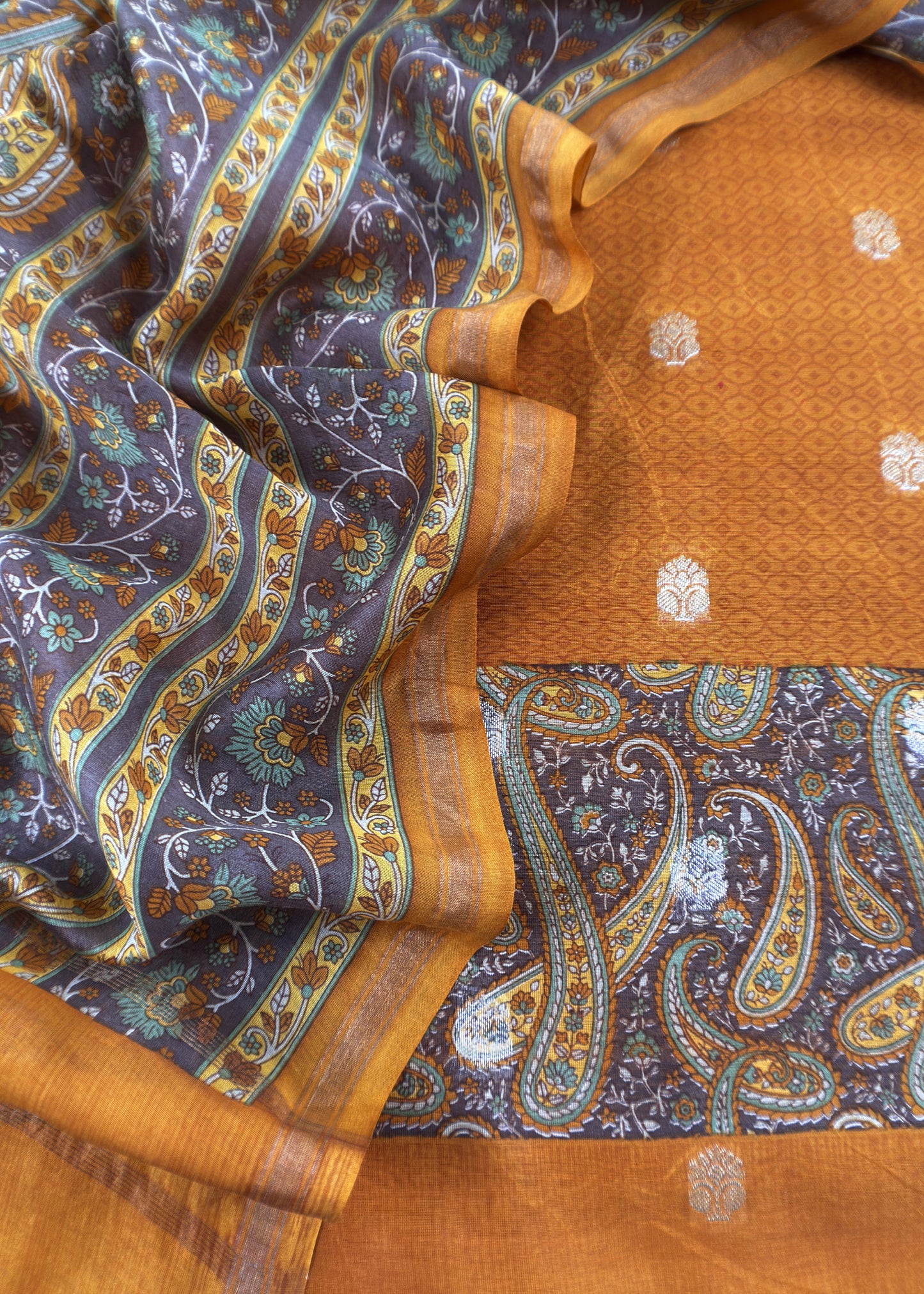 Mustard Blue Maheshwari Silk Suit With Banarasi Bootis