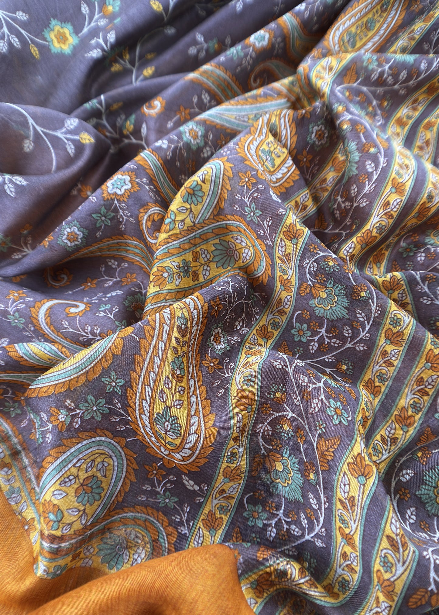 Mustard Blue Maheshwari Silk Suit With Banarasi Bootis