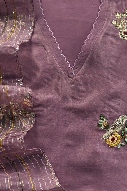 Purple Handloom Kora Silk Suit With Dabka Embroidery