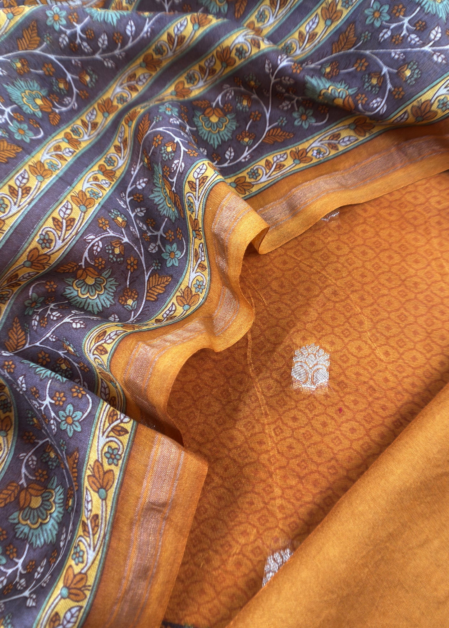 Mustard Blue Maheshwari Silk Suit With Banarasi Bootis