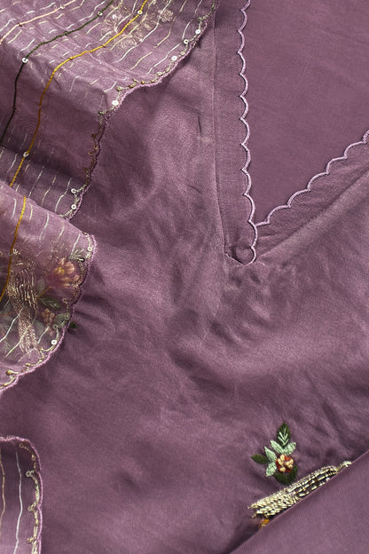 Purple Handloom Kora Silk Suit With Dabka Embroidery