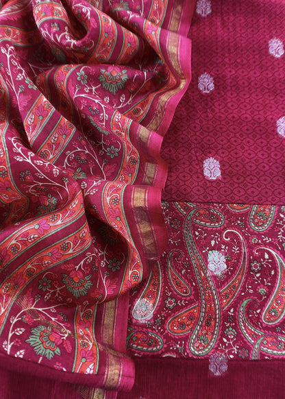 Wine Maheshwari Silk Suit With Banarasi Bootis