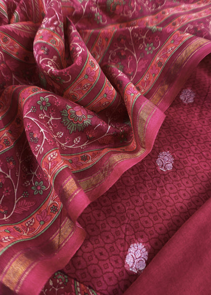 Wine Maheshwari Silk Suit With Banarasi Bootis