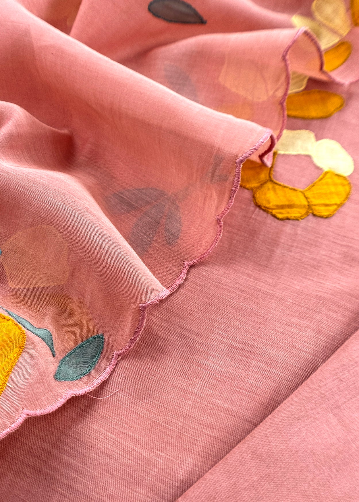 Blush Peach Pure Mulmul Suit Fabric With Appliqué Work