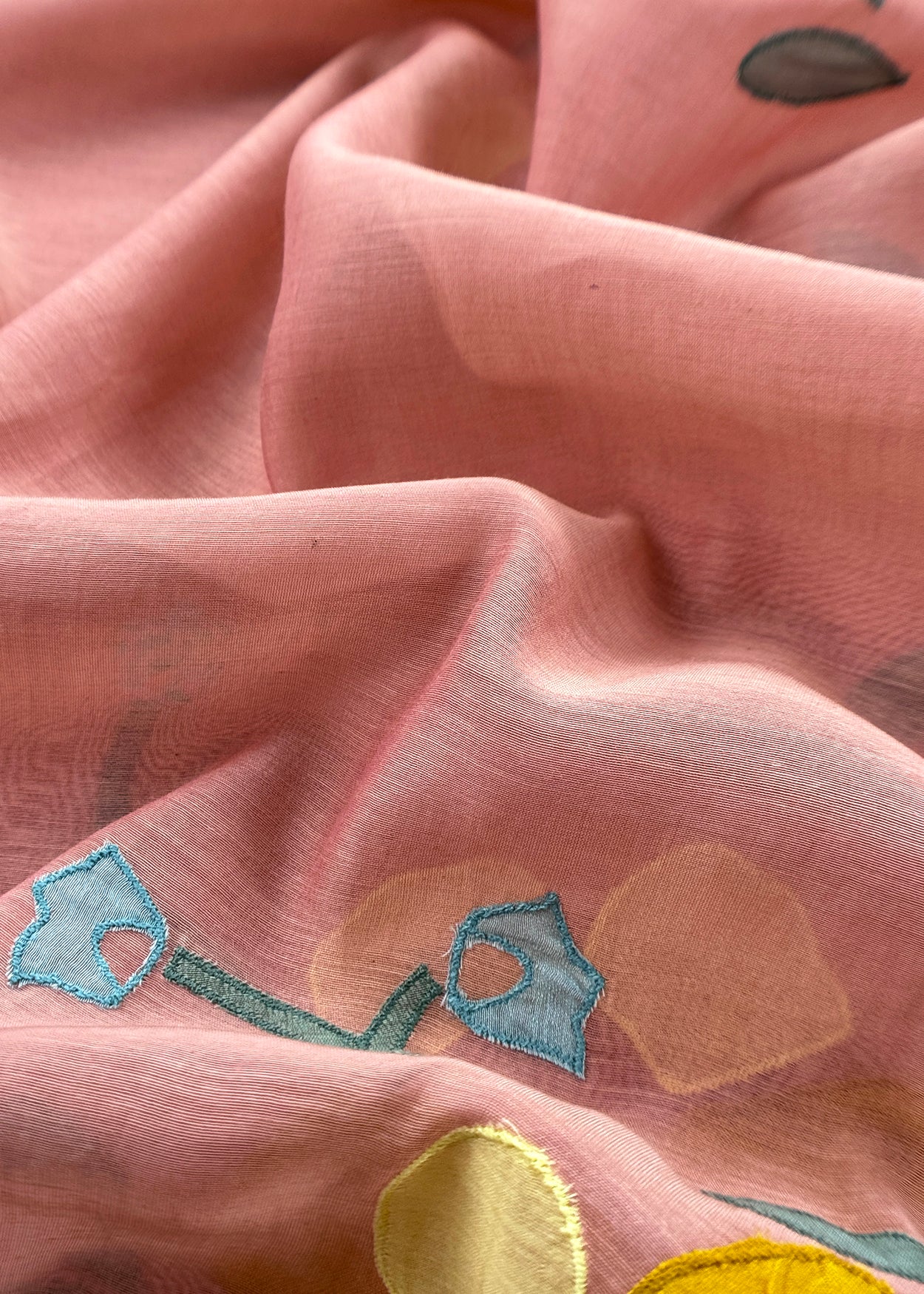 Blush Peach Pure Mulmul Suit Fabric With Appliqué Work