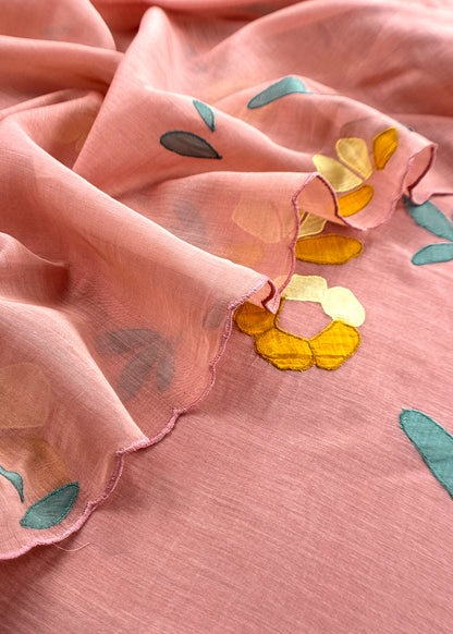 Blush Peach Pure Mulmul Suit Fabric With Appliqué Work