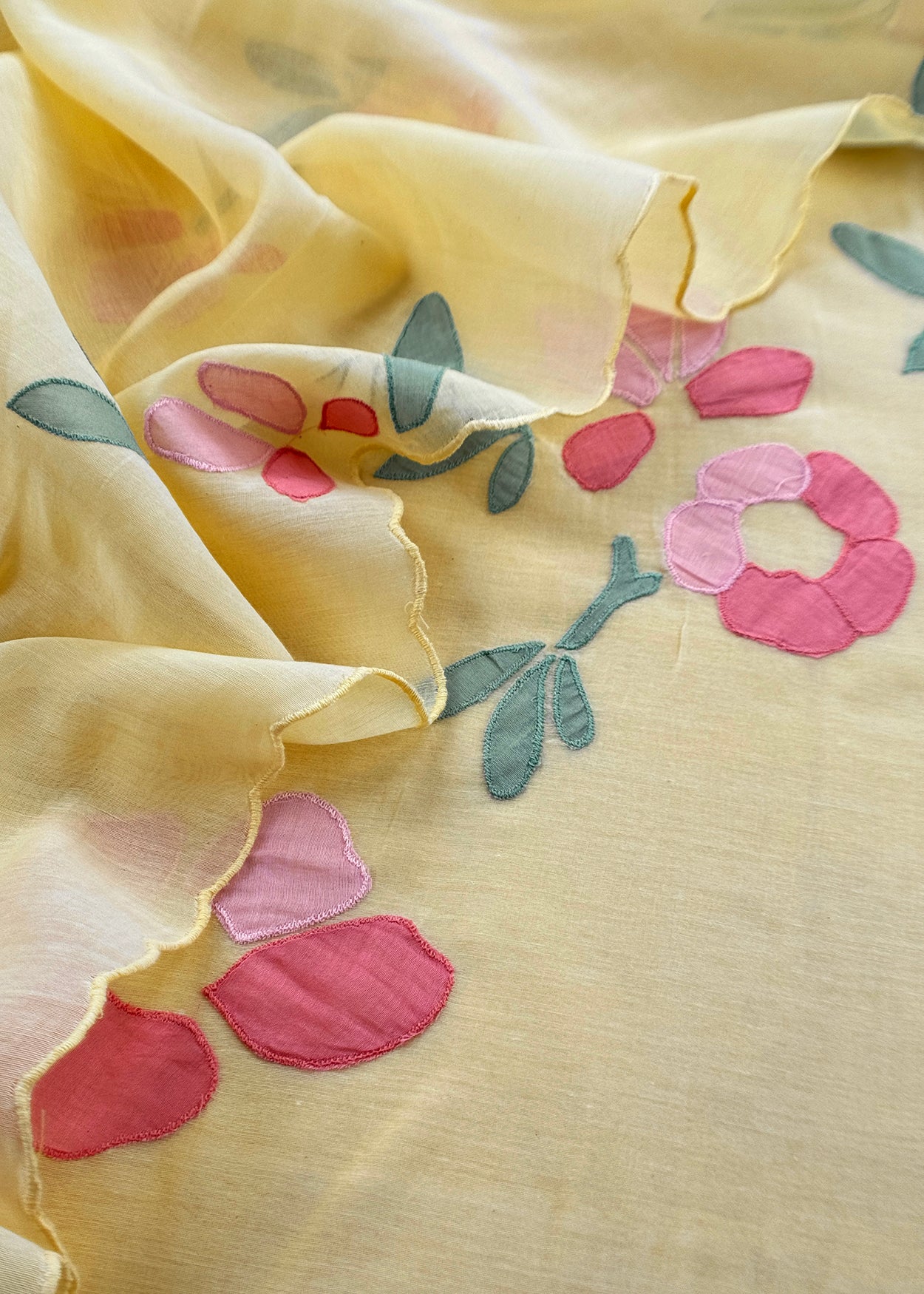 Pastel Yellow Pure Mulmul Suit Fabric With Appliqué Work