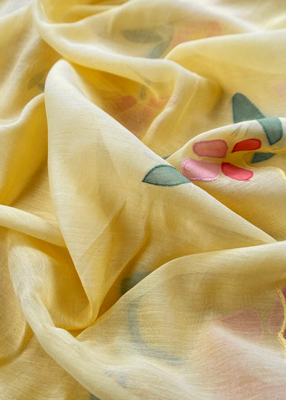Pastel Yellow Pure Mulmul Suit Fabric With Appliqué Work