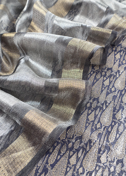 Blue Designer Pure Brocade Silk kurta And Tissue Silk Dupatta