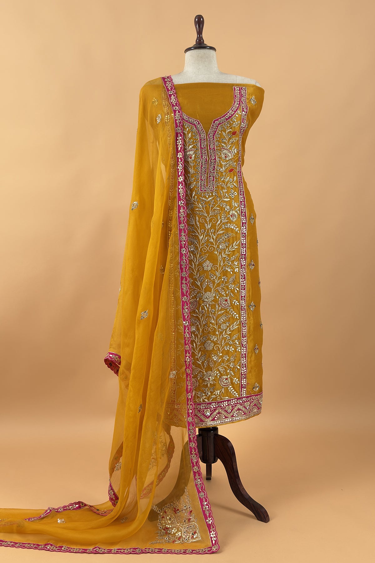 Yellow Handloom organza Unstitched Suit with Zardosi, Gota Patti, Dori hand work