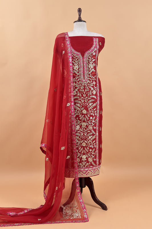 Red Handloom organza Unstitched Suit with Zardosi, Gota Patti, Dori hand work