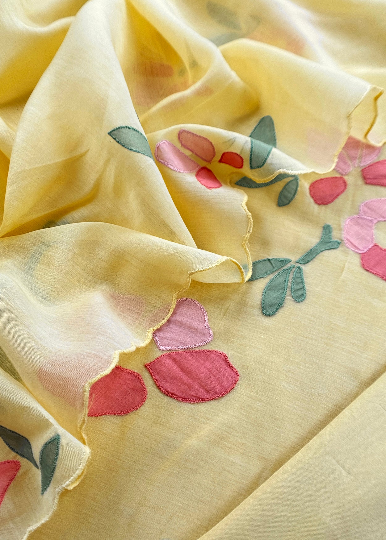 Pastel Yellow Pure Mulmul Suit Fabric With Appliqué Work
