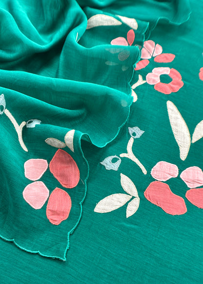 Green Pure Mulmul Suit Fabric With Appliqué Work