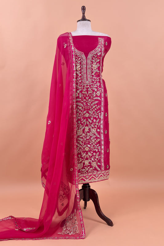Rani Pink Handloom organza Unstitched Suit with Zardosi, Gota Patti, Dori hand work