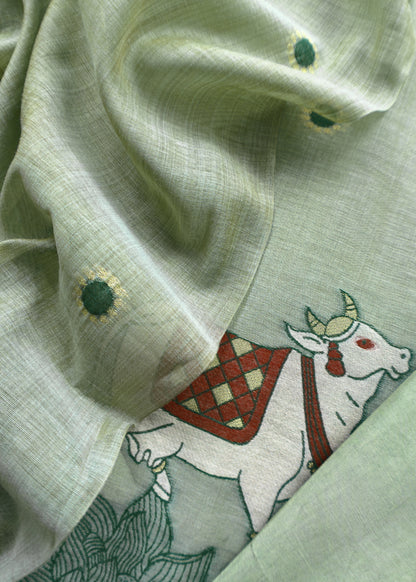 Linen Chanderi Suit With Cow pichwai jamdani weaving

