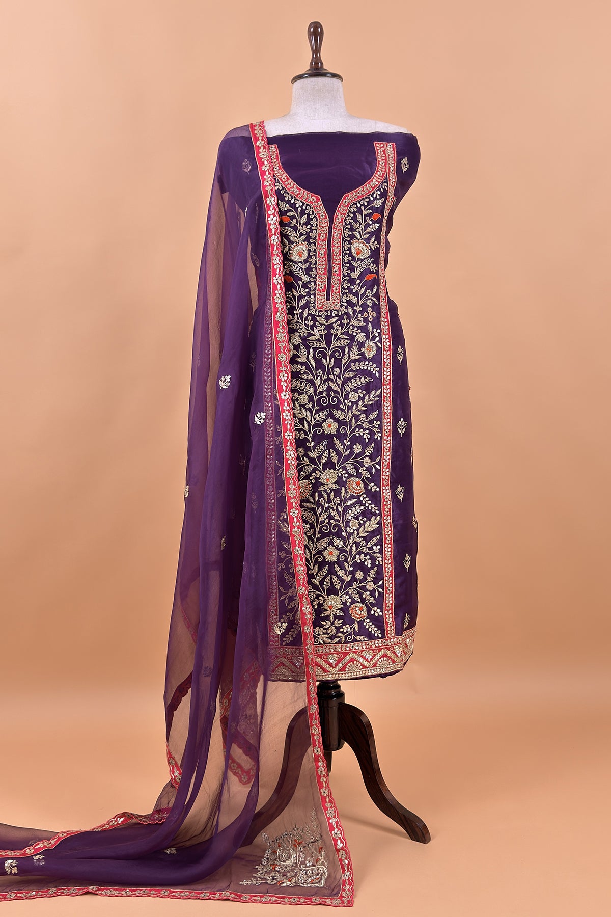 Violet Handloom organza Unstitched Suit with Zardosi, Gota Patti, Dori hand work