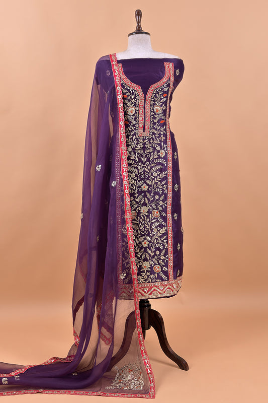Violet Handloom organza Unstitched Suit with Zardosi, Gota Patti, Dori hand work
