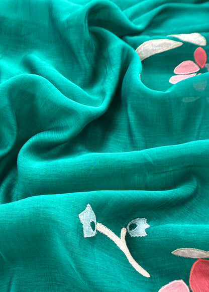 Green Pure Mulmul Suit Fabric With Appliqué Work