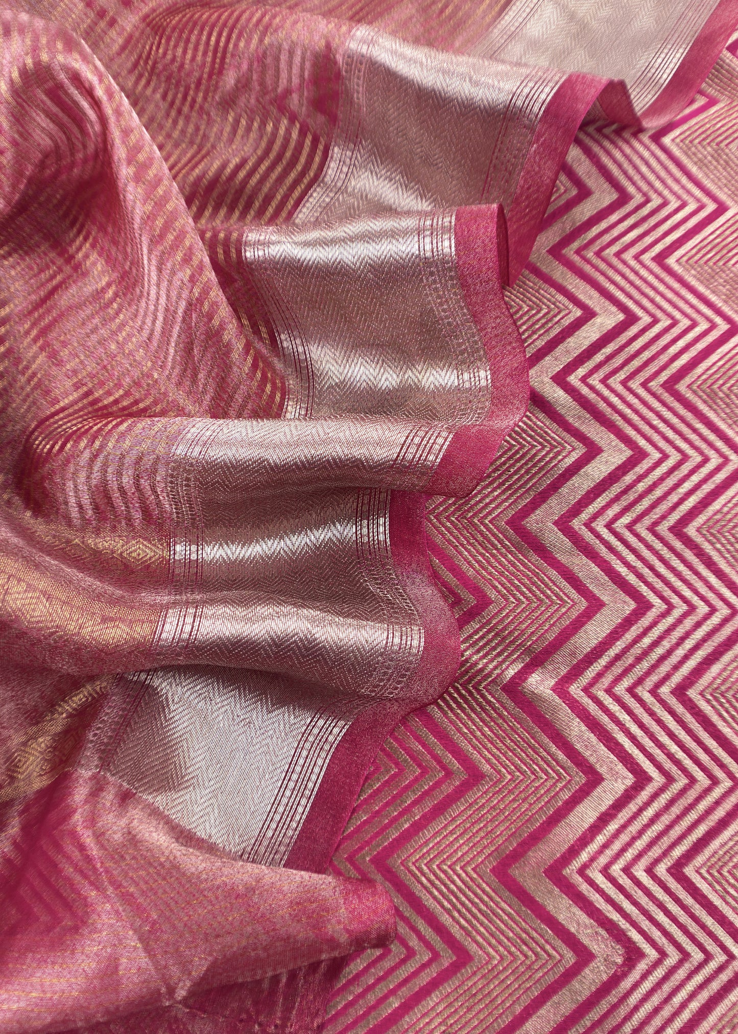 Deep Pink Designer Pure Brocade Silk Kurta And Tissue Silk Dupatta