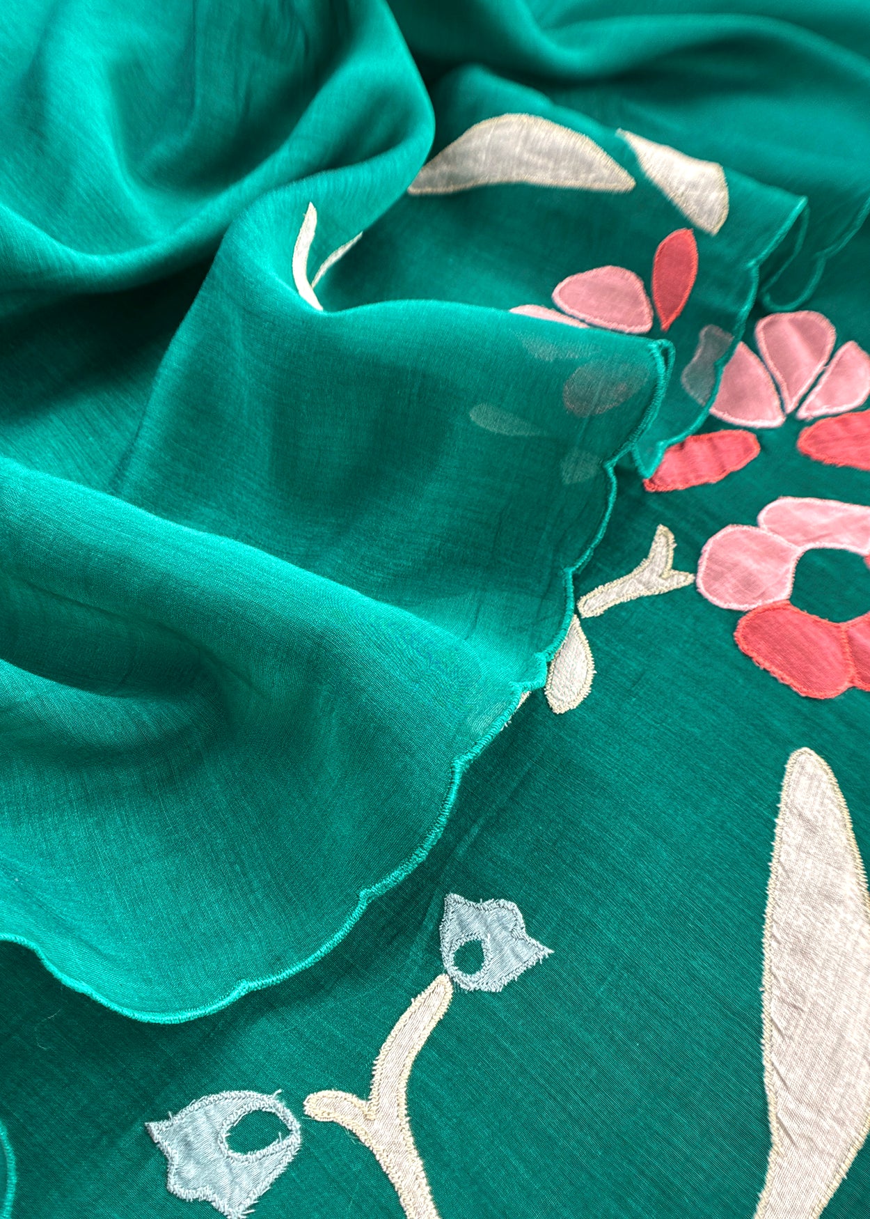 Green Pure Mulmul Suit Fabric With Appliqué Work