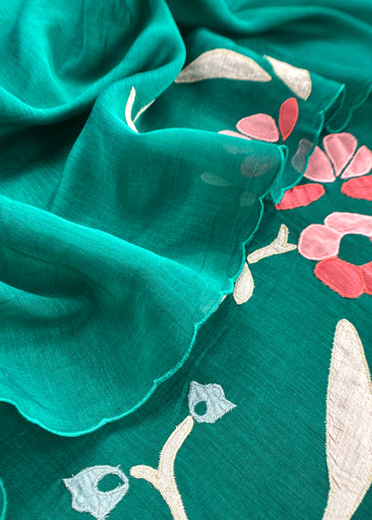 Green Pure Mulmul Suit Fabric With Appliqué Work