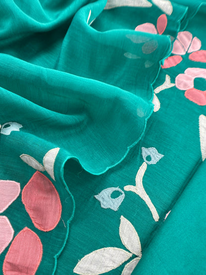 Green Pure Mulmul Suit Fabric With Appliqué Work